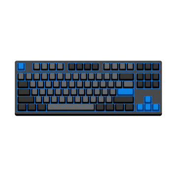 Modern dark grey mechanical keyboard with blue accent keys for computing and gaming setup.