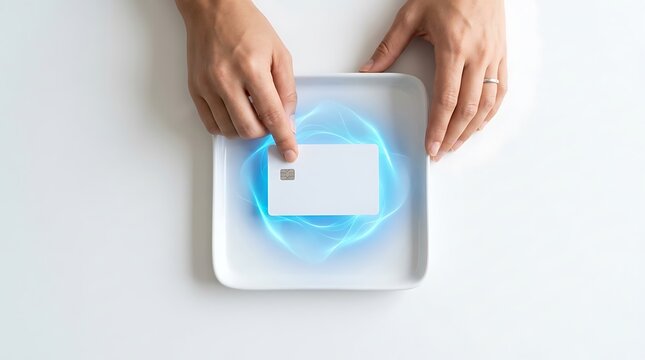 Hands Holding Blank Credit Card Over Glowing Blue Light Plate