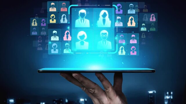 Digital Network Connection Concept with Hand Holding Mobile Device and Virtual People Icons Depicting Social Interaction and Professional Networking Online Sigmoid