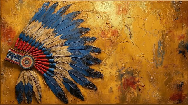 Traditional feather headdress on textured golden ochre background