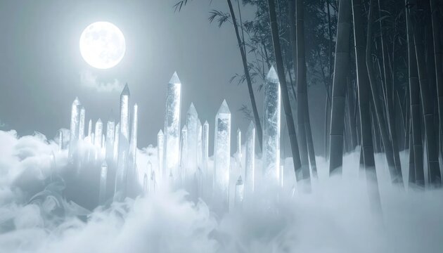 Frozen forest landscape with icicles moonlight.