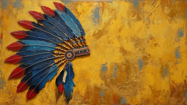 Native American Feather Headdress Artwork on Textured Golden Background
