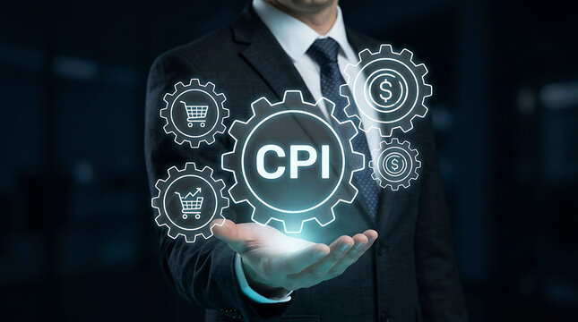 Businessman holding consumer price index CPI financial mechanism gear icon