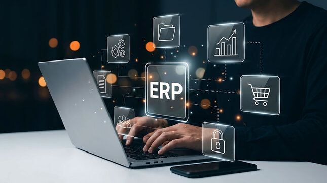 Businessman using laptop for enterprise resource planning ERP software concept
