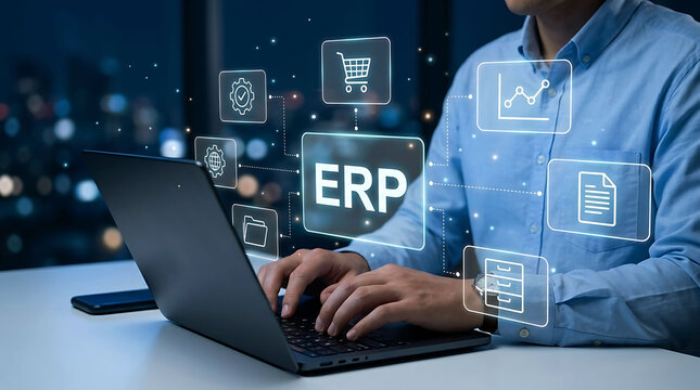 Businessman using ERP software on laptop for enterprise resource planning
