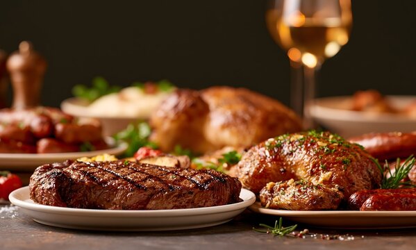 luxurious banquet table, premium grilled steaks, roasted whole chickens, smoked sausages, elegant fine dining presentation