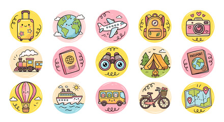 Set of fourteen flat circular icons featuring global travel and vacation themes © ainul