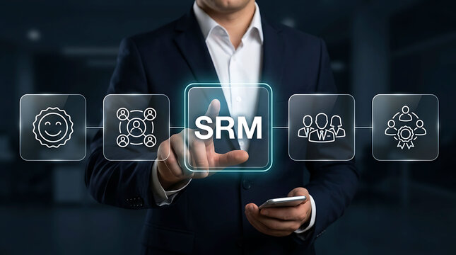 Businessman touching SRM icon on digital virtual screen interface
