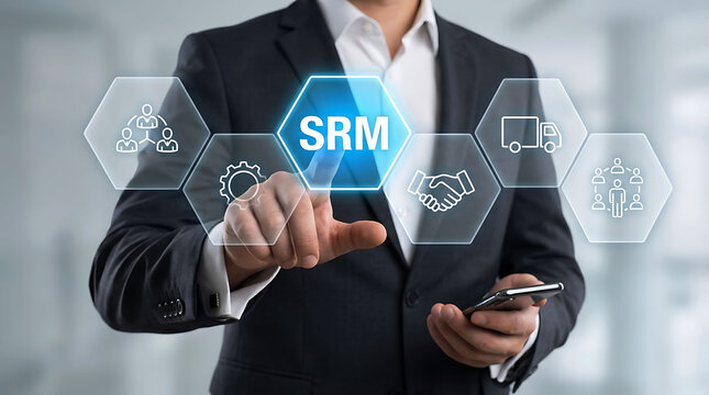 Businessman touching virtual SRM supplier relationship management icon