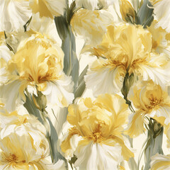 Obraz premium Yellow iris flower pattern with green leaves, seamless impressionist style painting, soft brush strokes create calming floral