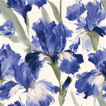 Blue iris flower pattern with green leaves, seamless impressionist style painting, elegant floral design with soft brush