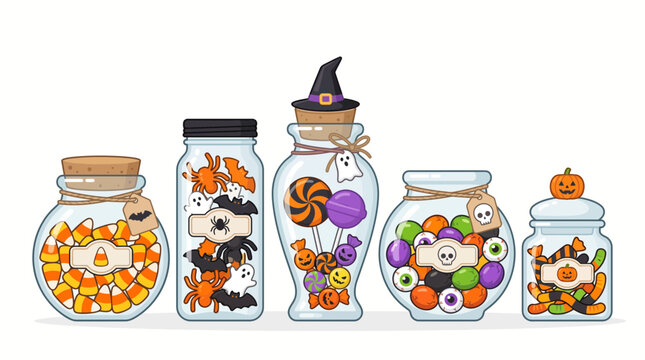 Halloween Candy Jars Filled With Spooky Treats and Candies