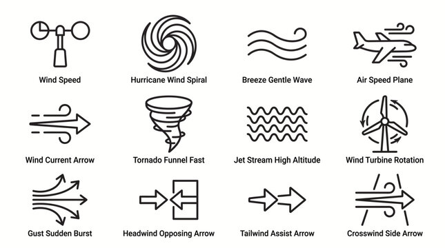 Set of line style weather and wind related icons for meteorology and navigation.