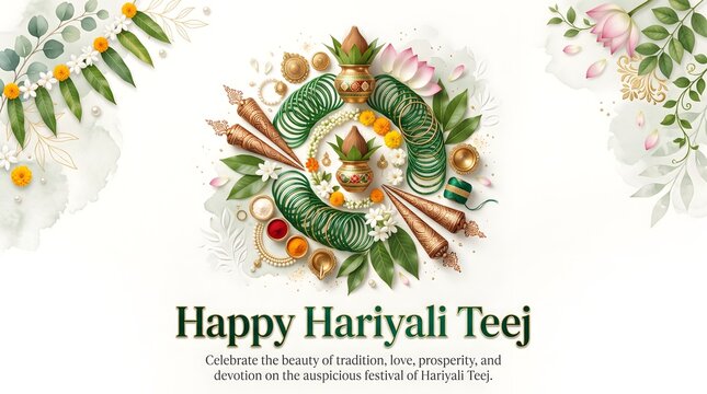 Hariyali teej festival greeting card with traditional ornaments with green bangles kalash