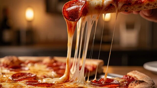 Delicious pepperoni pizza slice with melted cheese being lifted from a whole pizza on wooden table