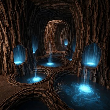 Mystical cave interior with glowing blue crystals and ancient stone walls.