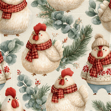 Cute winter chicken pattern with red scarf and cozy sweater, surrounded by pine and eucalyptus branches, festive and warm