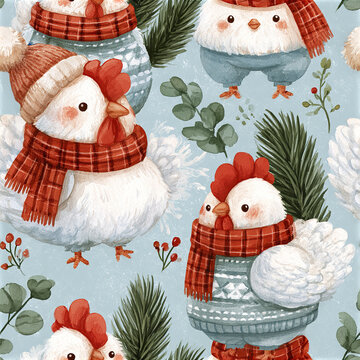 Cute winter chicken pattern with cozy scarves and hats, festive greenery, and cheerful holiday vibes on soft blue background