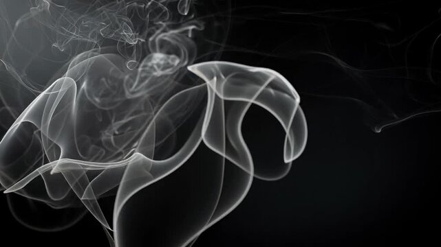 Abstract white smoke swirling on black background with delicate flowing patterns and graceful curves