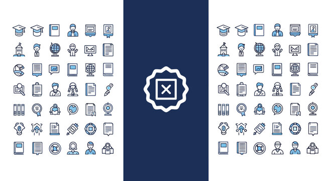 Collection of monochrome line icons featuring science, technology and office objects on a split background.