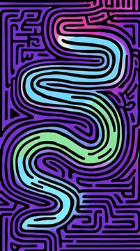 Abstract psychedelic maze illustration with a winding path and vibrant rainbow gradient colors perfect for backgrounds album art or modern design projects