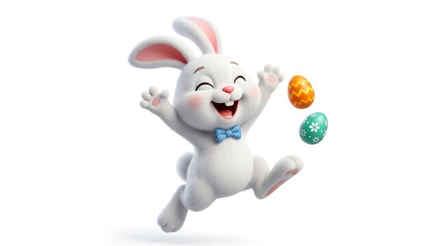 Happy 3d white easter bunny jumping with arms wide open and a blue bowtie, surrounded by two colorful decorative easter eggs on a white background