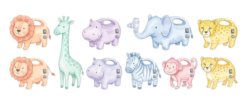 Cute safari animal water pump illustrations set featuring pastel watercolor cartoon characters like elephant, lion, and giraffe designed as playful child appliances on a dark background.