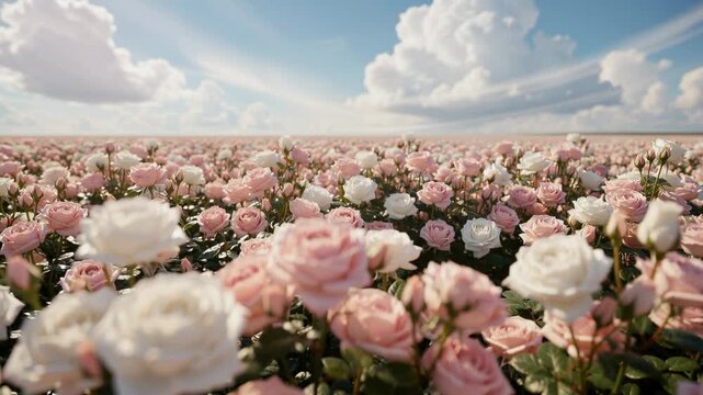 Expansive field of blooming pink and white roses under a bright blue sky with fluffy clouds