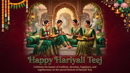 Fototapeta premium Hariyali teej celebration poster with women in traditional green sarees with greeting card