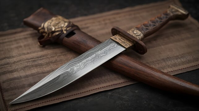 Ancient Handcrafted Damascus Steel Dagger with Carved Wooden Handle and Scabbard