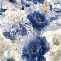 Obraz premium Seamless luxury blue and white flower pattern with layered petals and delicate golden leaves creating elegant floral design