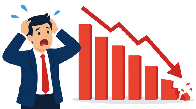 Panicked businessman watching falling red bar charts and declining downward graphs with shattered pie chart, bold flat colors on clean white background, financial crisis concept vector illustration