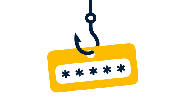 Phishing hook catching yellow password label with asterisks, flat design vector illustration depicting data theft, hacking, and cybersecurity threats concept, clean solid white background, bold flat