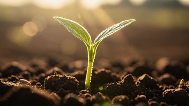Close up of young green plant seedling growing in rich soil with sunlight and dew drops