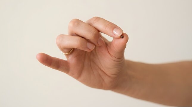 Female hand displaying pinch gesture from side view, thumb and index finger holding tiny object, soft beige background, minimalist close-up detail