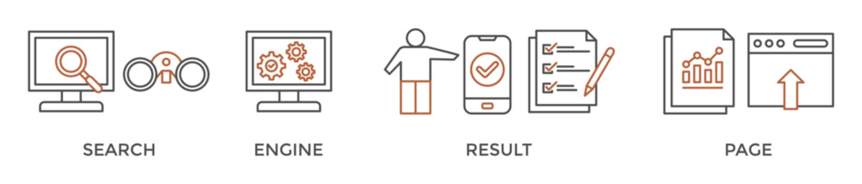 SERP banner web icon vector illustration concept for search engine result page with icon of web search, computer, search engine, mobile search, page result, and statistics graph