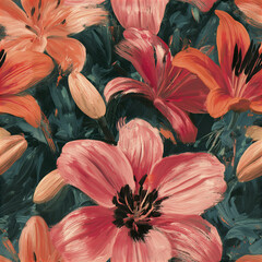 Obraz premium Seamless maximalist floral pattern with oversized coral lilies and buds painted with expressive brushstrokes in vibrant colors