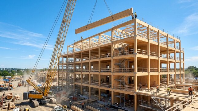 Massive timber-framed building under construction, exposed glulam beams and cross-laminated timber panels being lifted by crane on busy construction site