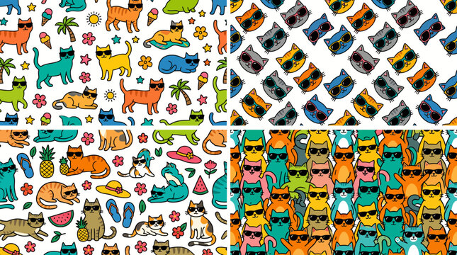 Set of four seamless patterns featuring cartoon cats wearing sunglasses for summer.