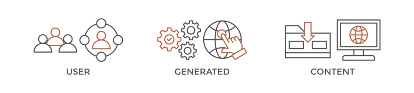 UGC banner web icon vector illustration concept for user-generated content with icon of people, network, process, engine, click, internet, website, archive and browser