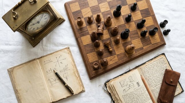 Flat-lay of walnut and ebony chess pieces mid-arrangement on wooden board with vintage brass mantel clock, antique open book and leather journal on white linen surface, nostalgic still life