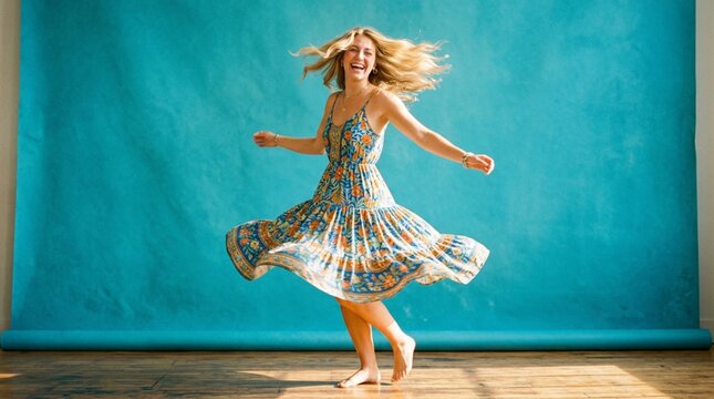 Young woman in patterned summer dress twirling joyfully against vibrant turquoise studio backdrop, barefoot on wooden floor, laughing with flowing blonde hair