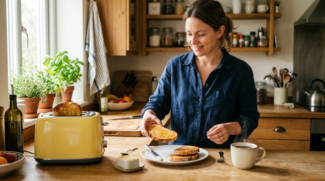 Smiling woman making breakfast at wooden kitchen counter with yellow retro toaster, fresh golden toast, herbs on windowsill, and morning coffee mug in cozy rustic home