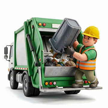 Friendly 3D garbage collection worker emptying a trash bin into a garbage truck, isolated on white background for waste disposal and sanitation concepts.