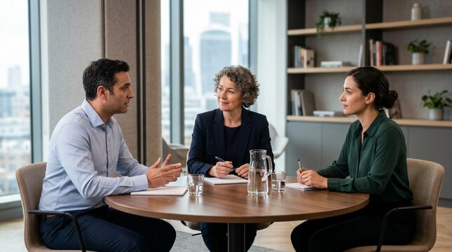 Diverse business team in formal mediation meeting at modern office table, three professionals discussing workplace conflict with mediator, city skyline view, collaborative resolution session