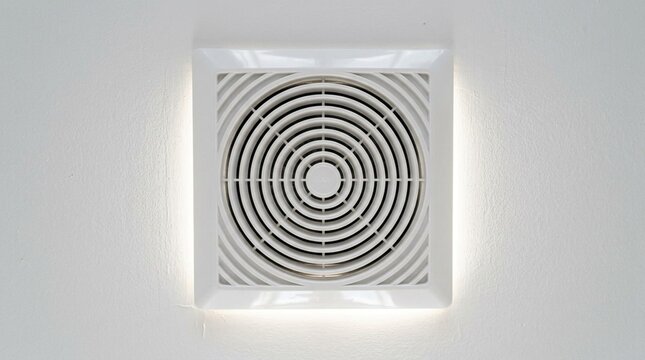 Square white plastic ceiling exhaust vent with concentric spiral grille, mounted flush on a plain white ceiling, soft glowing backlight, clean minimal interior ventilation detail, modern home HVAC