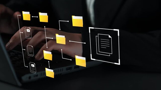 Digital file management concept with folder structure and document processing on laptop, symbolizing organization and data handling in business environments Gluon.