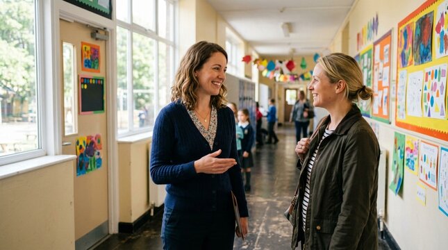 Smiling female teacher in navy cardigan warmly greeting a mother in brown jacket inside bright elementary school hallway decorated with children's colorful artwork and festive banners