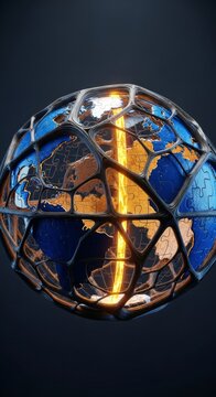 A spherical puzzle globe crafted from textured wooden roots featuring deep blue oceans and beige land with glowing gold sap flowing inside, digital, ecology, mystical