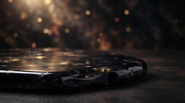 Black marble table top surface with golden veins and warm bokeh lights background